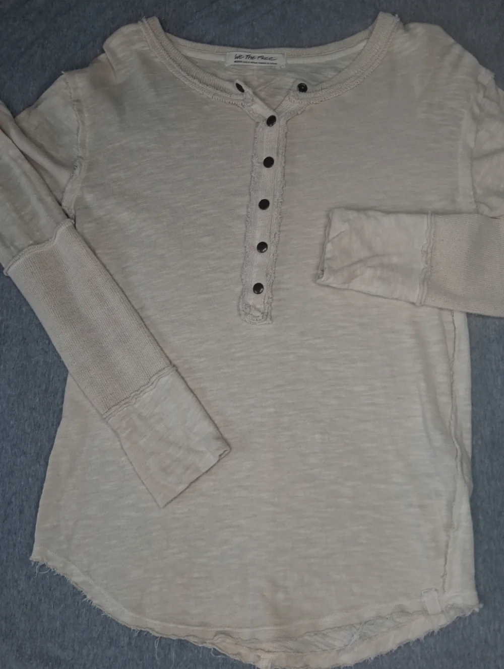 We The Free Free People Phoebe Long Sleeve Henley Shirt Top Tan Beige Cotton M
